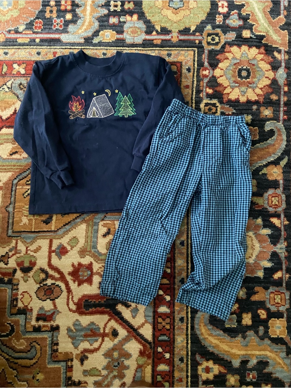 Bailey Boys Navy Long Sleeve Camping Graphic Top Blue Gingham Pants Set 3T